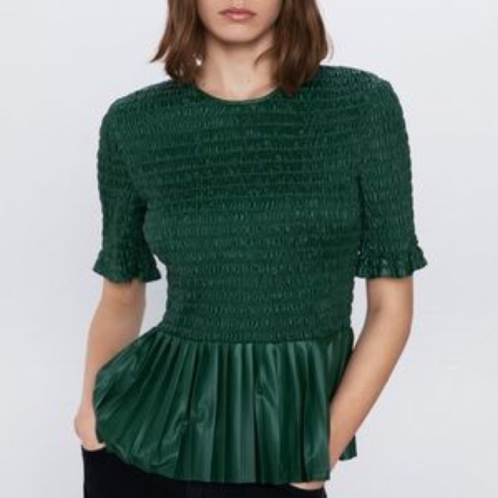 Zara green ruched faux leather top brand new